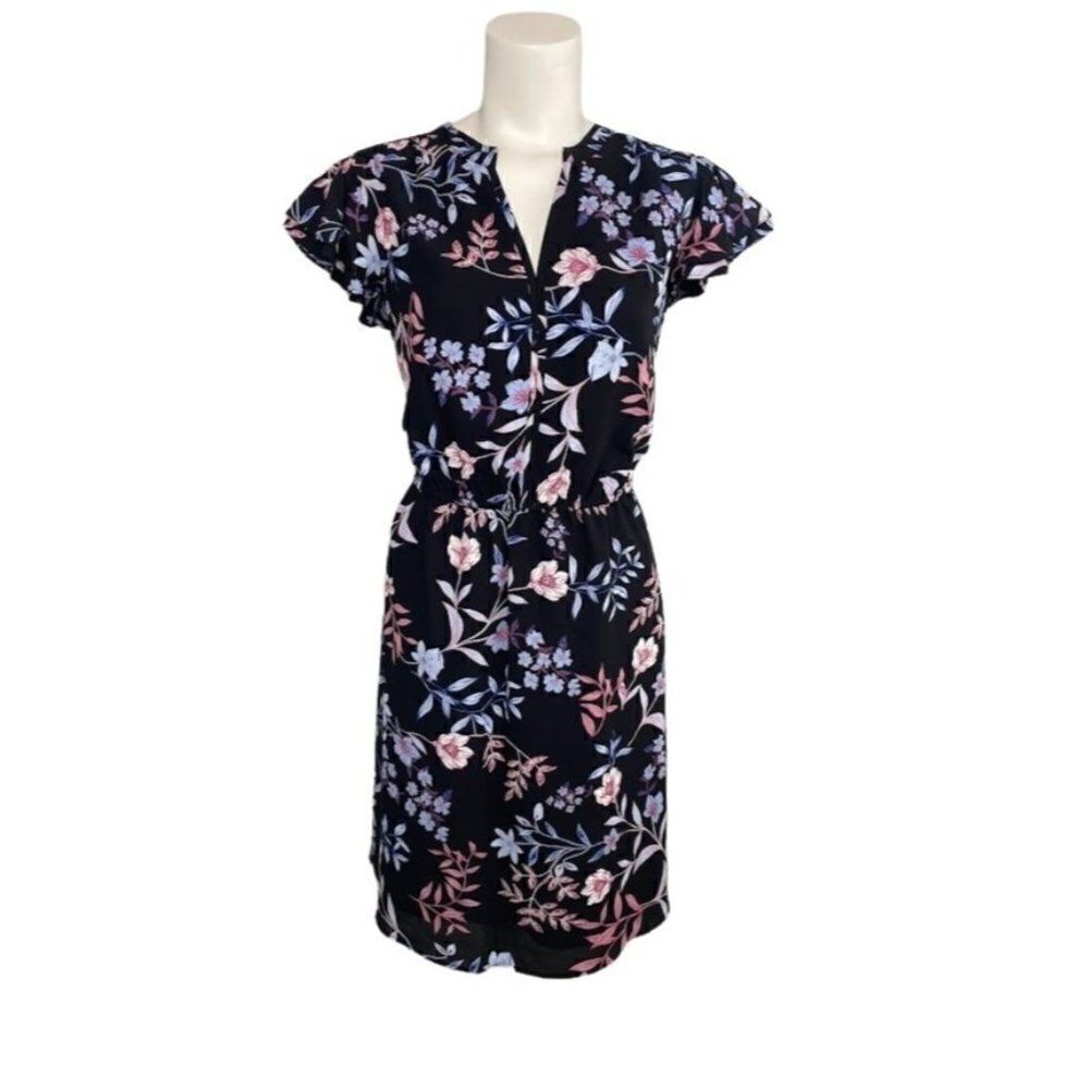 ELLE Black Pink‎ Floral Split Neckline A Line Dress Sz Medium